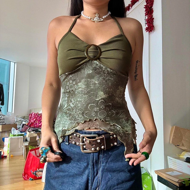 复古印花不规则下摆挂脖背心设计感针织拼接吊带上衣2024欧美女装