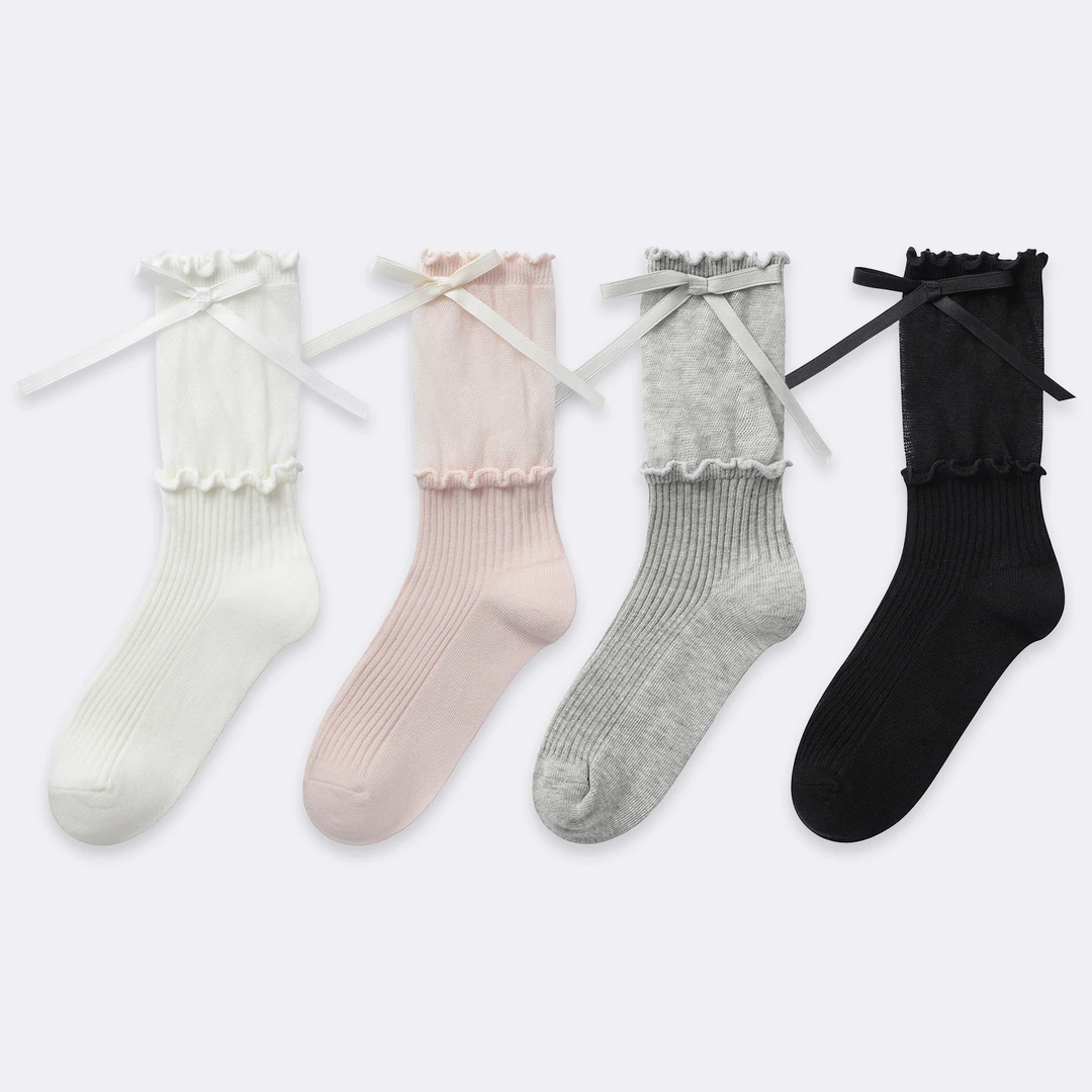 袜say 纯色女夏季薄款蝴蝶结中筒袜双木耳边堆堆袜甜美lolita袜子