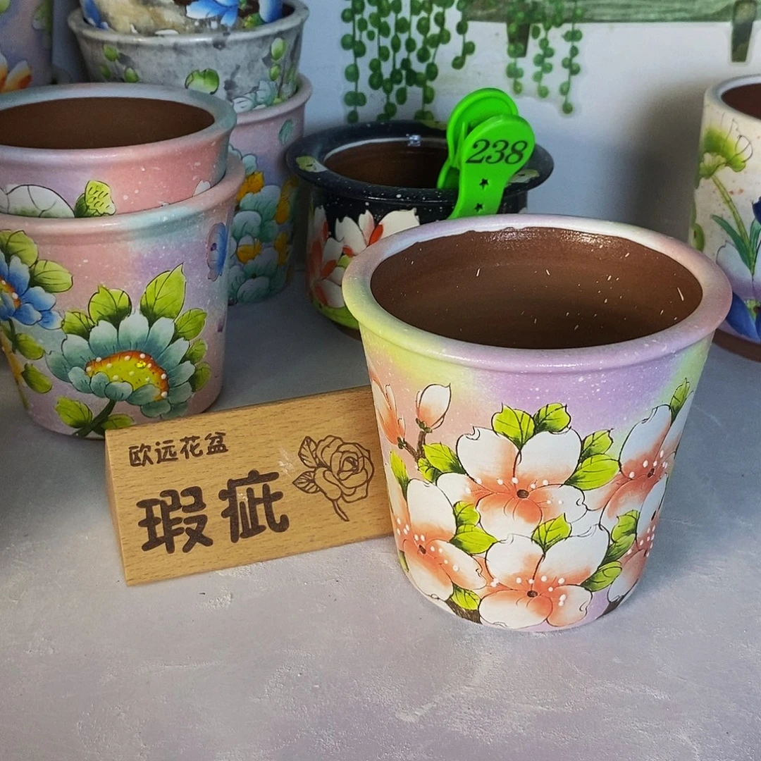 紫砂花盆红陶手绘花盆