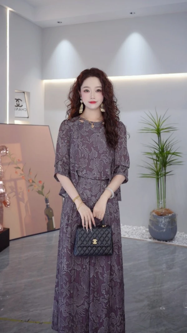 雅衣良品2025早秋新款烟紫色长裤套装两件套