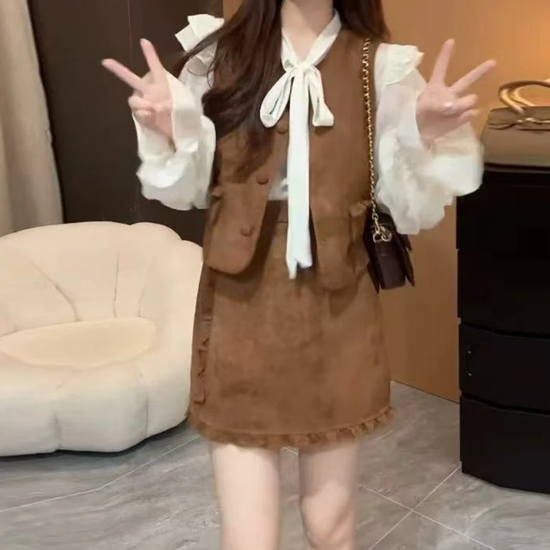 秋季法式名媛风气质衬衫马甲半身裙女装8089朝