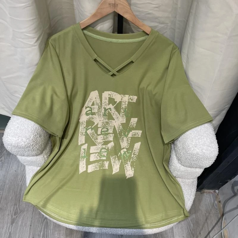 宽松显瘦不规则交叉V领纯色短袖夏季胖MM大码针织T恤衫