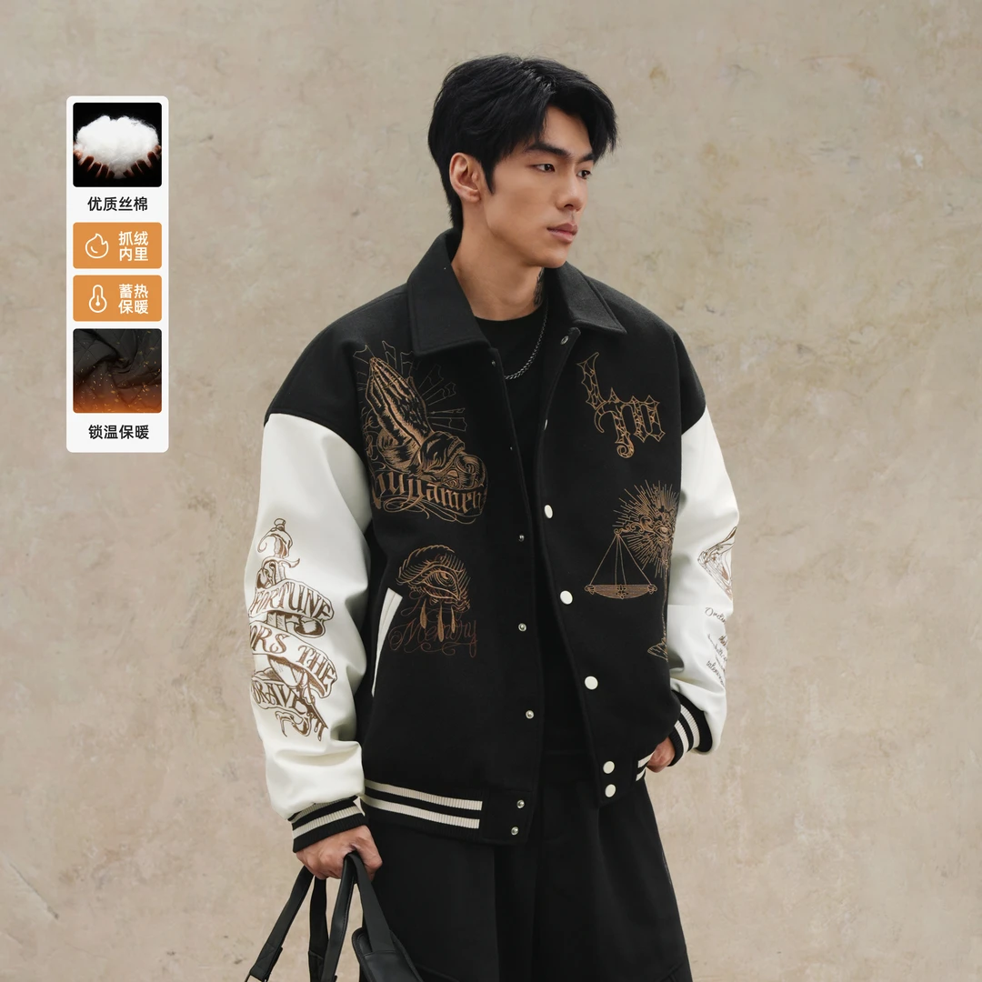 鹿家门美式重磅毛呢加厚棒球服运动健身大码男夹克上衣飞行员外套