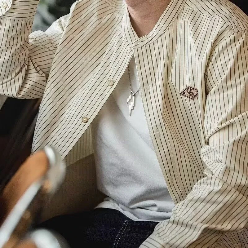 美式复古高级感竖条纹衬衫外套男春秋款立领长袖宽松廓形棒球衬衣