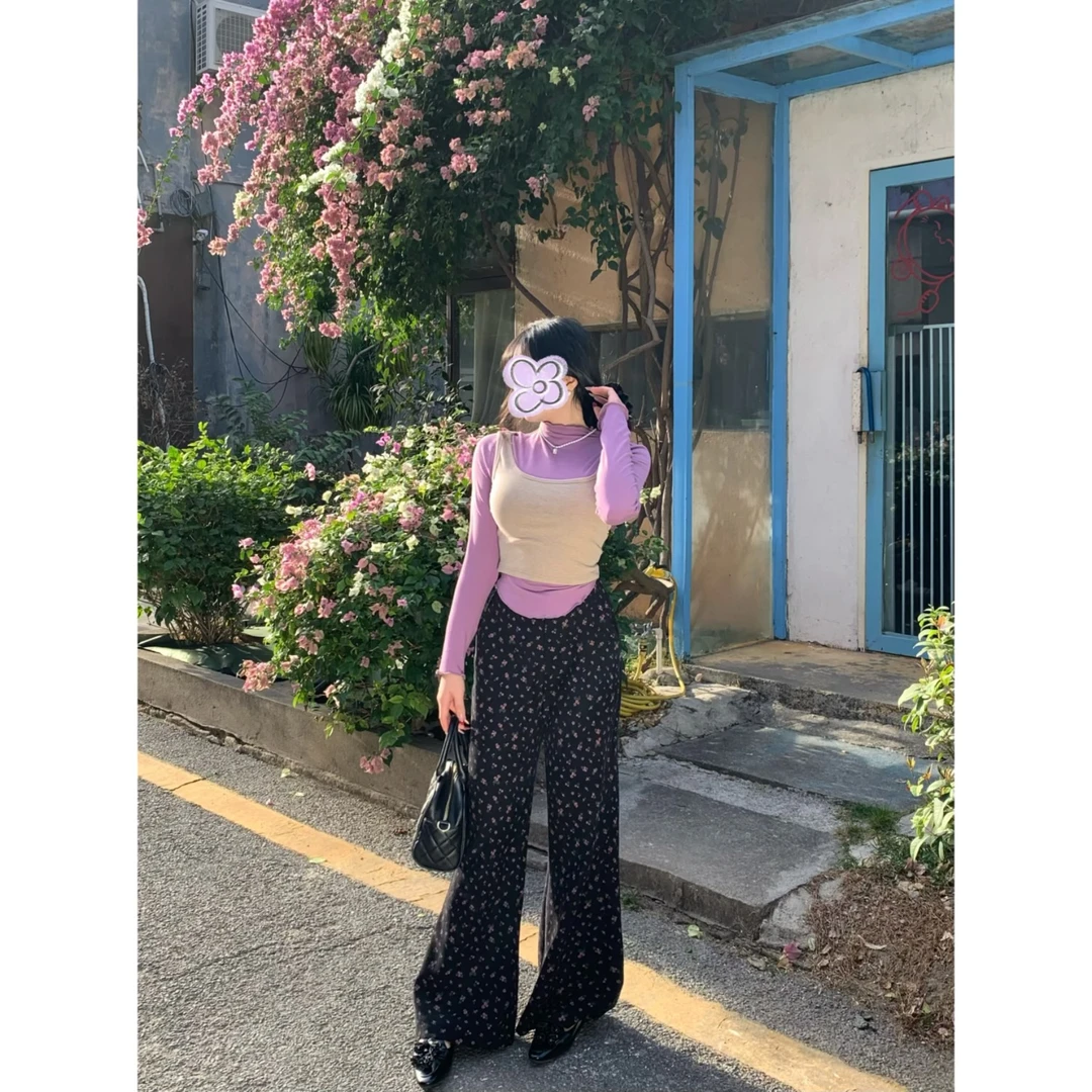 MengFairy清清【碎花法则】碎花宽松冬阔腿裤高腰显瘦长裤4252