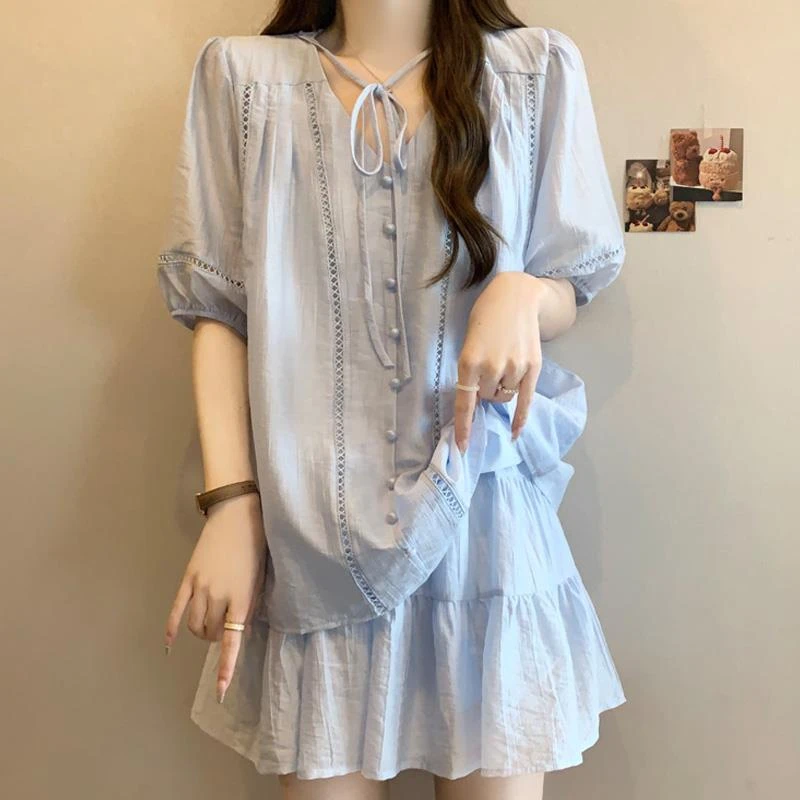 大码女装可盐可甜套装夏季泡泡袖衬衫胖mm高腰显瘦半身裙子两件套