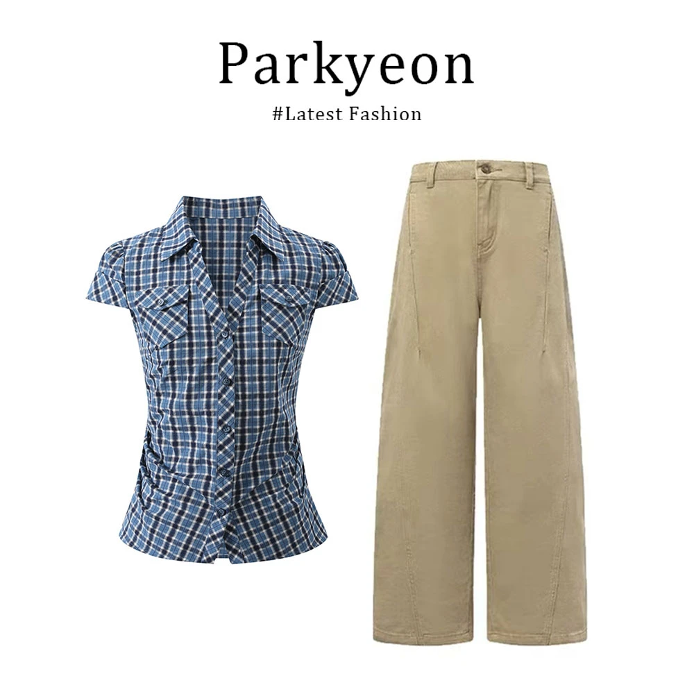 辣妹设计感掐腰短袖口袋衬衫女夏季百搭小众阔腿裤子套装