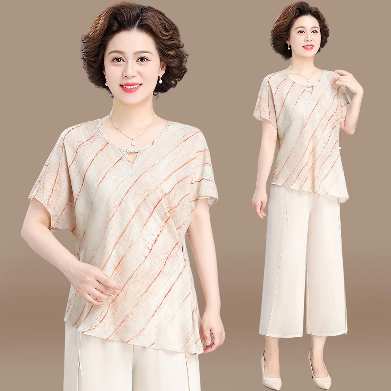 妈妈装夏套装品牌上衣中老年女装夏季短袖雪纺贵夫人小衫洋气大码