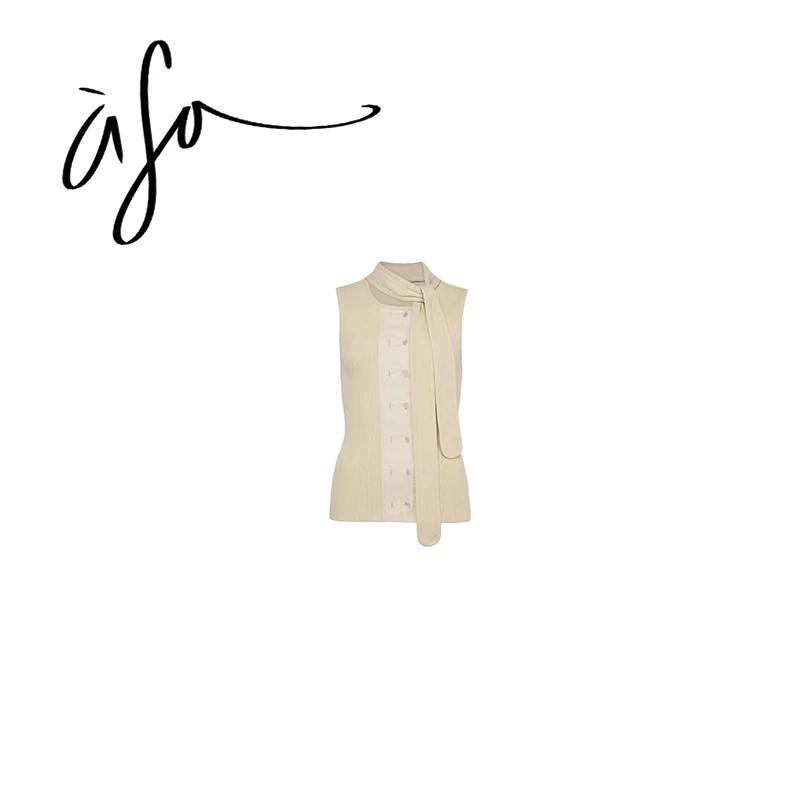 ASA-【双排扣飘带复古背心马甲+纽扣系带百褶半裙套装】