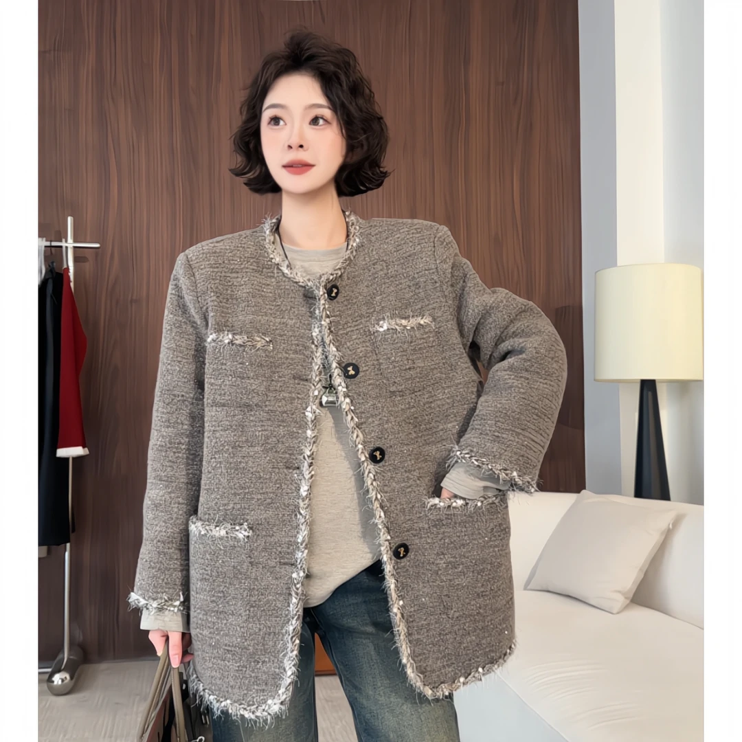 欧尼私服2025秋冬新款设计师款粗花呢重工亮片小香羽绒2512C9036