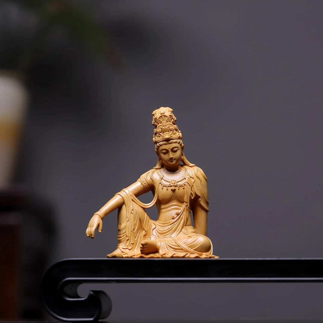 茶言观舍正宗小叶黄杨木精雕新款自在观音菩萨佛像摆桌面件装饰品