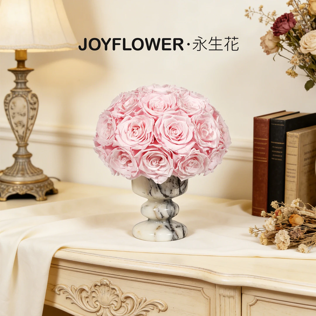 JoyFlower永生花真玫瑰法式香雪梅大理石花瓶摆件乔迁新婚礼物