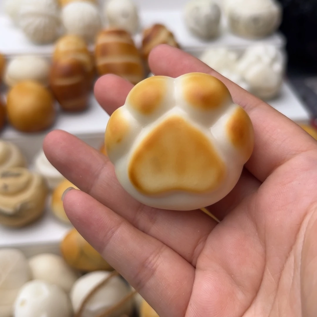 受***干菩提根/象牙果把件定制猫爪有小气泡画鱼编深浅粉绳不退换