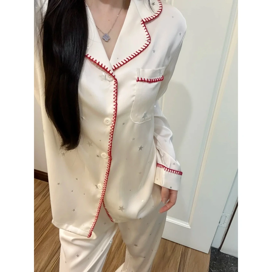 纯欲风撞色拼接星星冰丝睡衣女春秋新款长袖长裤两件套大码家居服