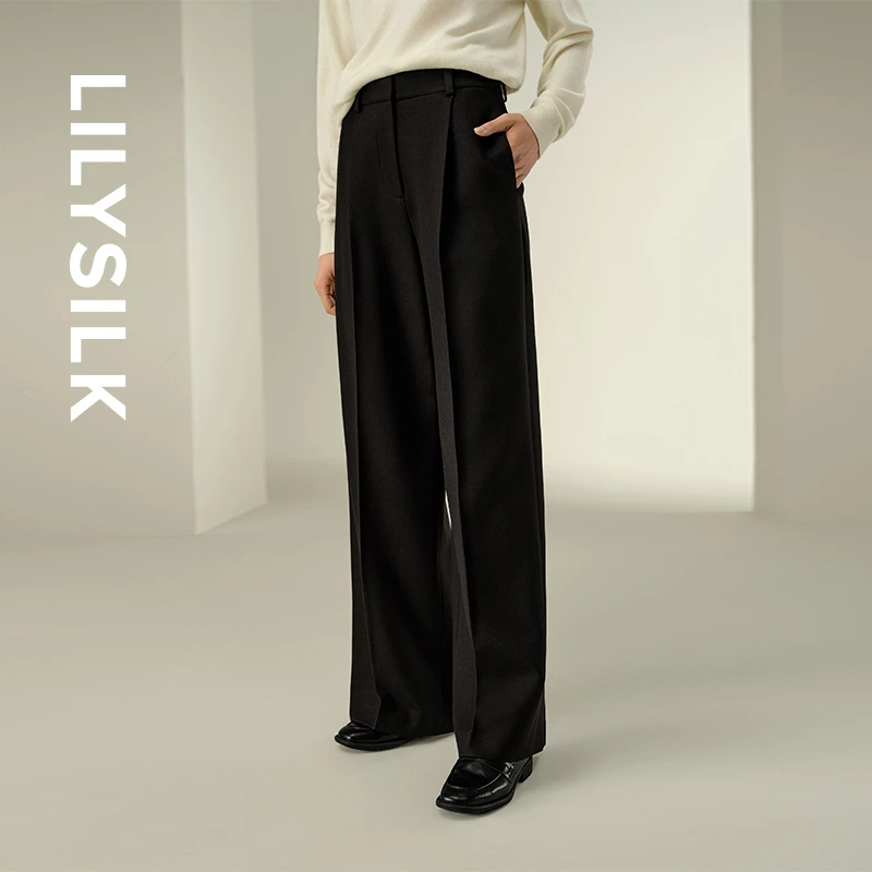 莉莉秀客25秋冬丝麻混纺立体压褶通勤经典女休闲阔腿长裤LILYSILK