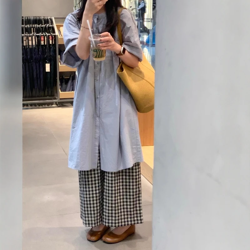 慵懒风文艺复古衬衫女夏季中长款宽松百搭圆领衬衣搭配格子阔腿裤