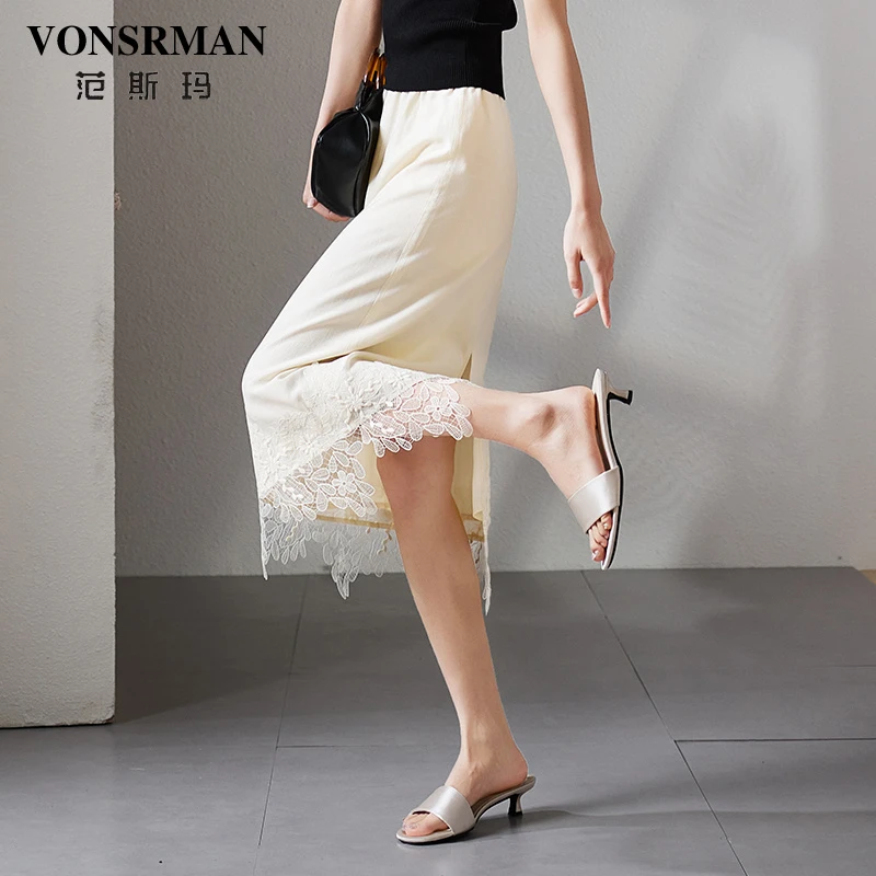 VONSRMAN2025夏季新款设计感蕾丝花边拼接显瘦气质百搭直筒半身裙