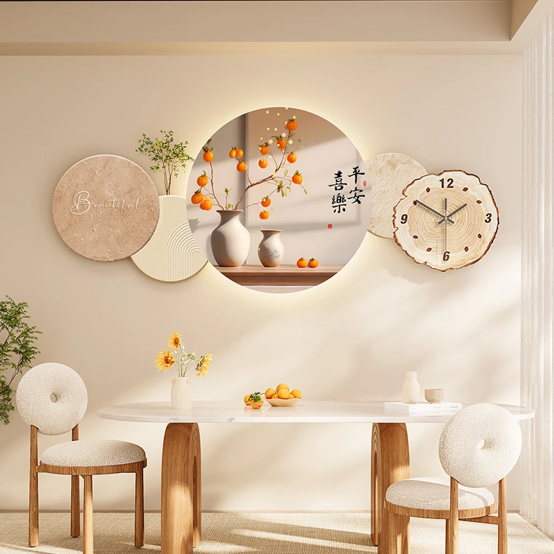 奶油侘寂风餐厅装饰画带钟表抽象花卉壁画石来运转砂岩背景墙挂画