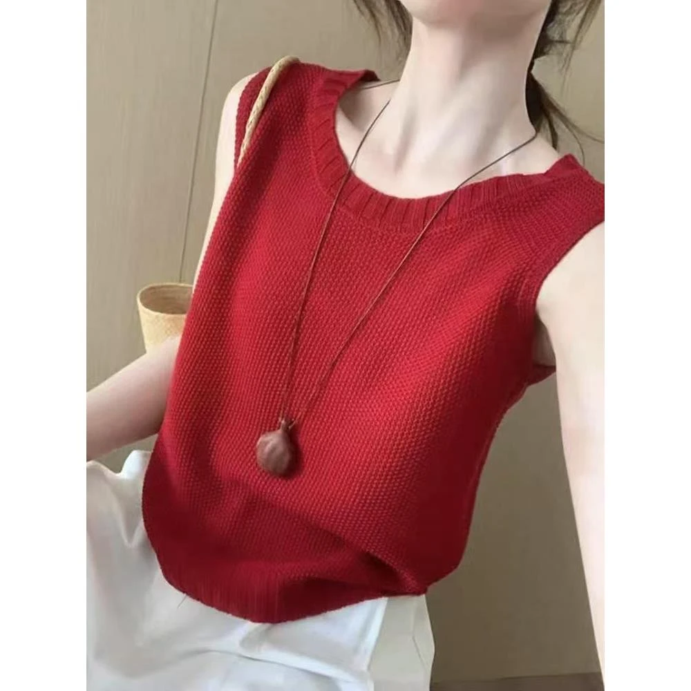 法式高级感气质华夫格圆领背心女夏新款韩版百搭显瘦无袖T恤上衣