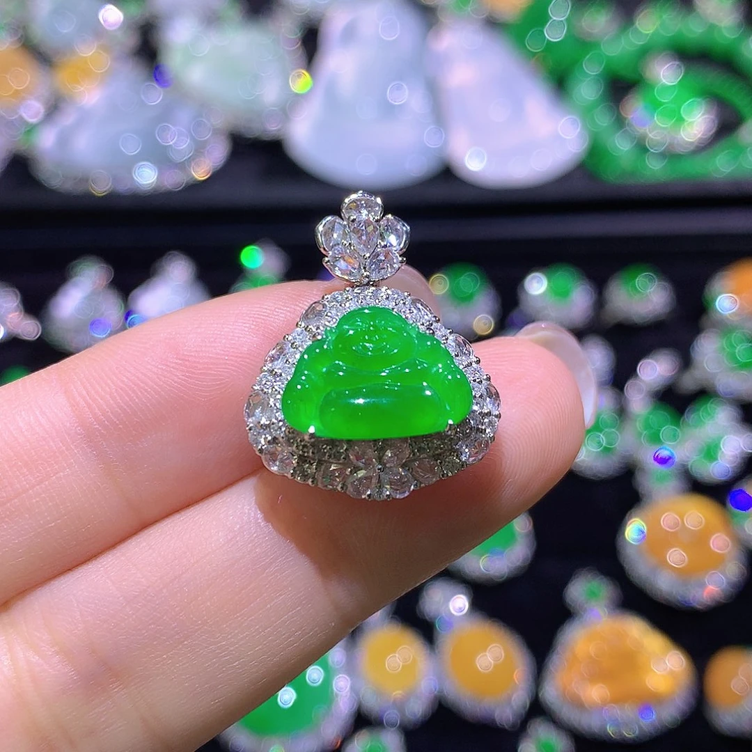 翡翠18K金镶嵌颈饰高冰满绿正阳弥勒佛吊坠一刀切