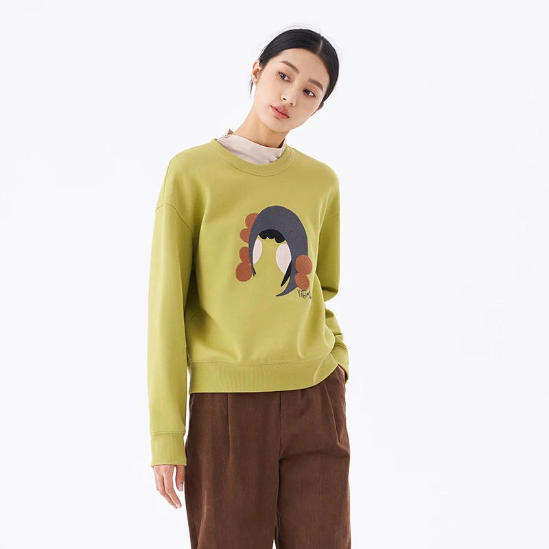 【Yifini】专柜同款柠檬黄戏曲绣花图案时髦减龄宽松卫衣B10W1005