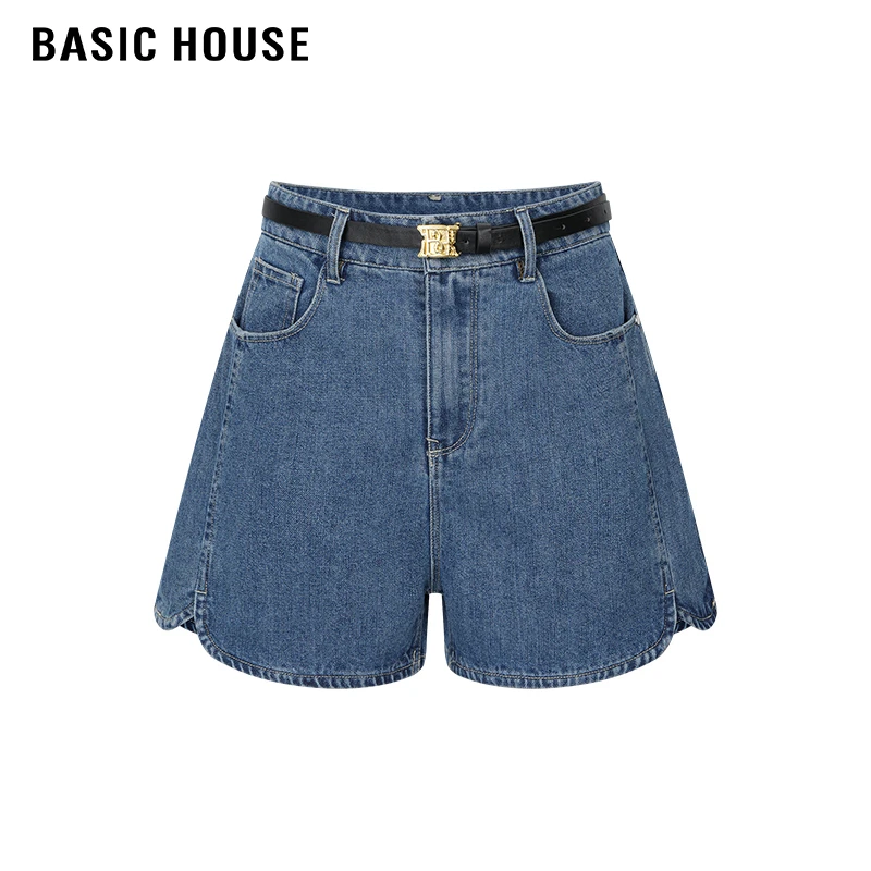 百家好/Basic House高腰一粒扣后口袋刺绣牛仔短裤女宽松休闲裤子