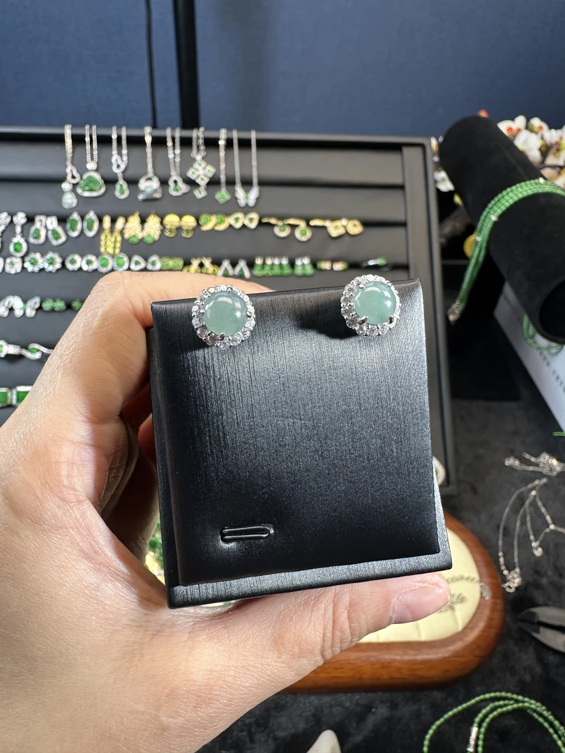 【润诚珠宝】s925银镶嵌天然A货翡翠蛋面耳钉多样性发货
