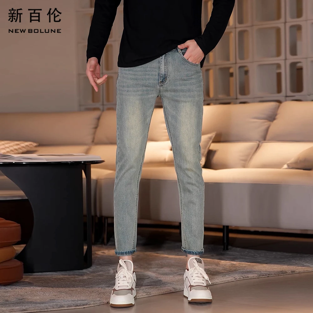 新百伦早秋九分牛仔裤男浅复古2025新款修身百搭休闲直筒男款长裤