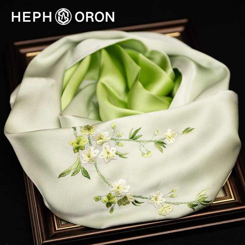 HEPHSORON苏绣丝巾礼盒送妈妈绿色刺绣披肩百搭桑蚕丝真丝围巾