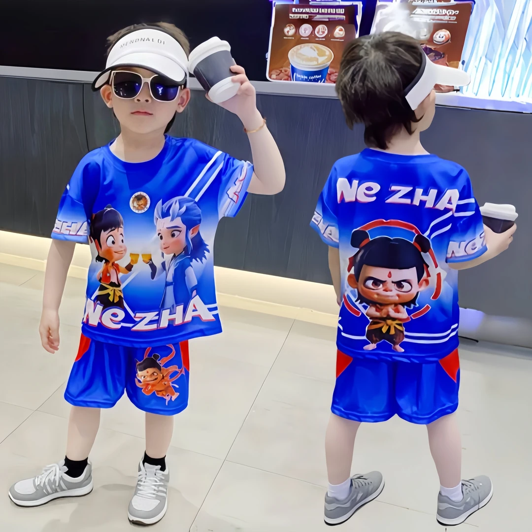 男夏季中国风薄款哪吒穿搭套装休闲卡通洋气奥特曼篮球服夏款童装