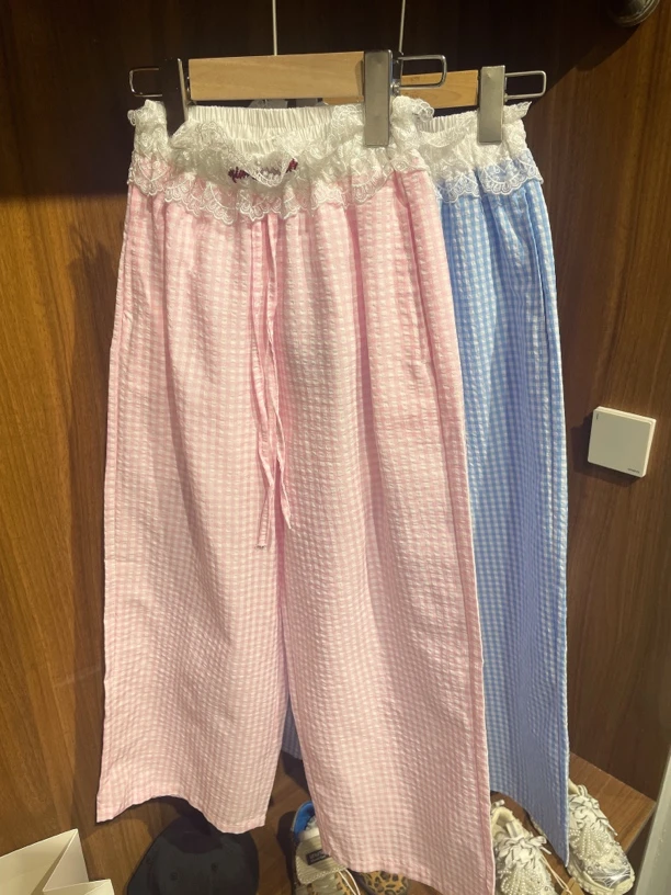 馨艺童品5910女童蕾丝拼接格子超薄棉布裤子