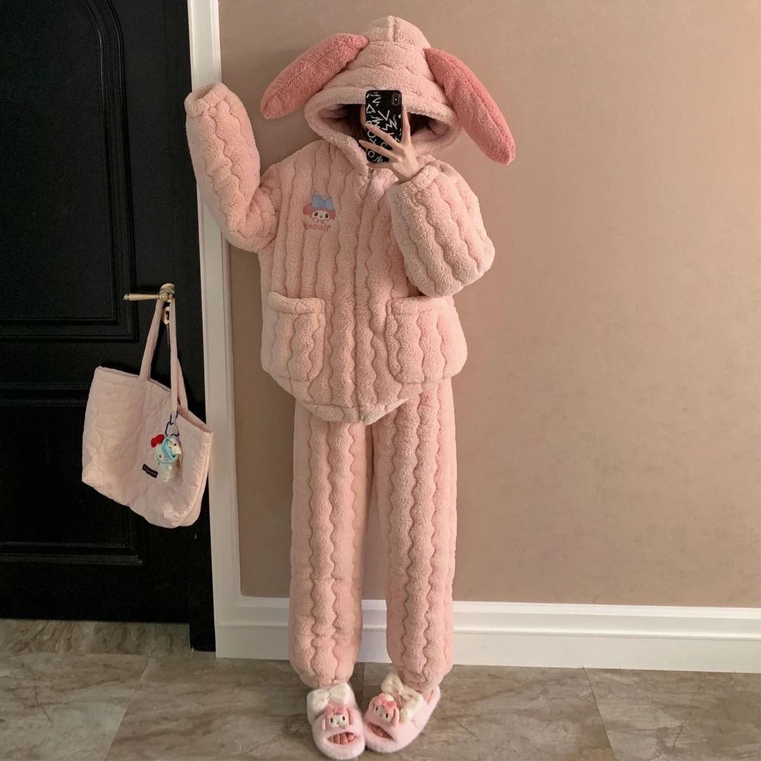 连帽拉链睡衣女冬季加绒加厚三层珊瑚绒夹棉保暖可外穿家居服套装