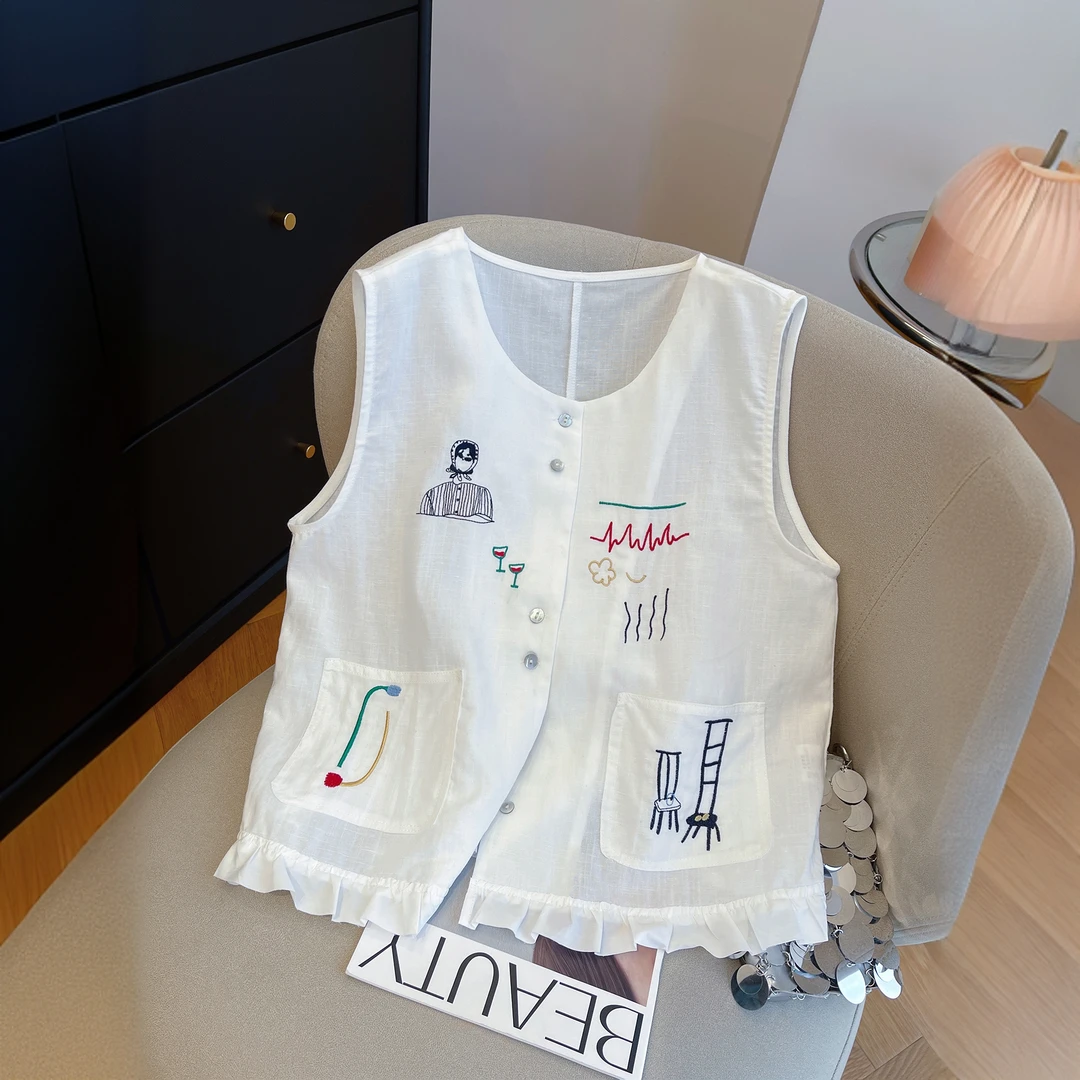 1293高级感刺绣简约撞色无袖背心马甲女夏季宽松显瘦洋气小衫上衣