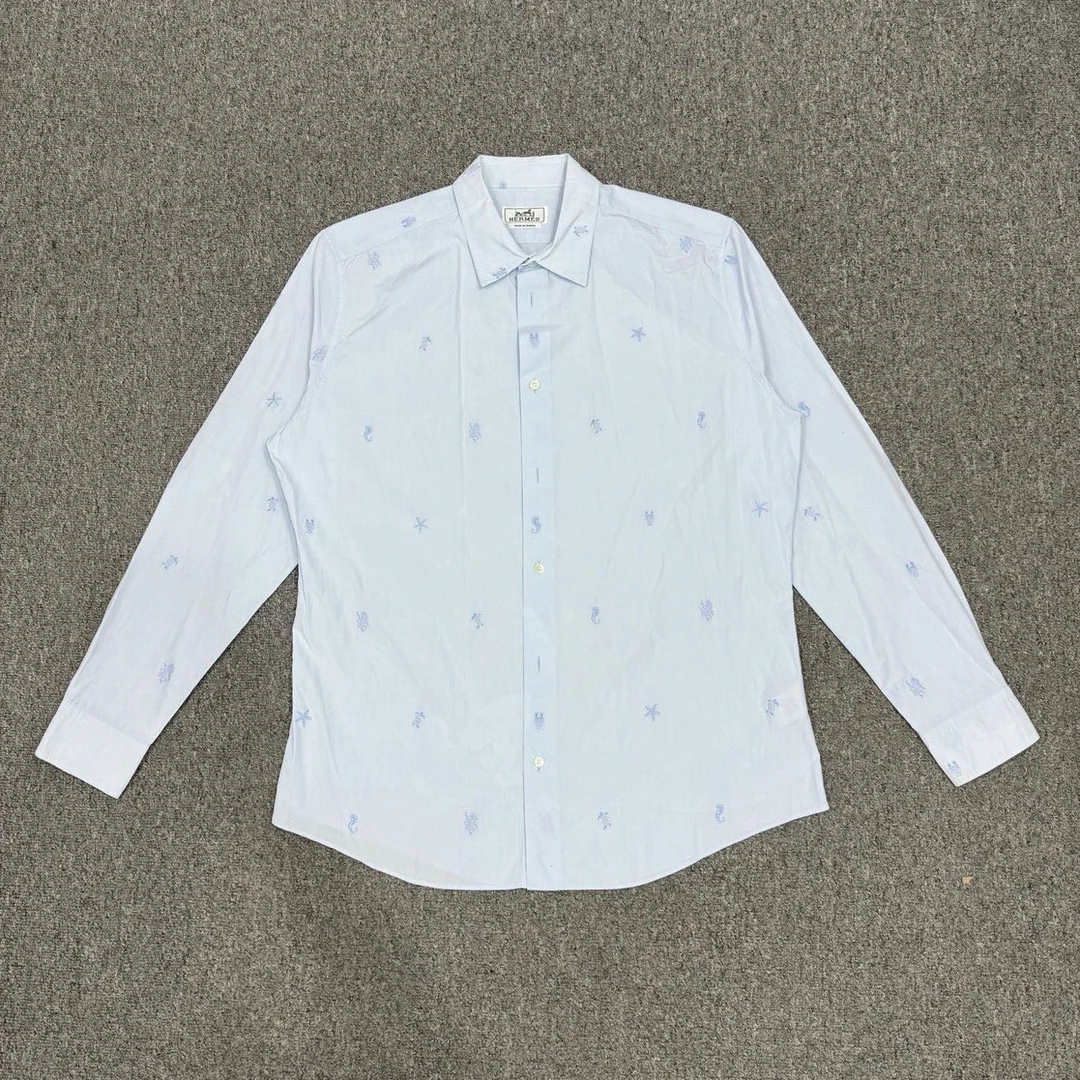 99新 Hermes/爱马仕 14855830 天蓝色海洋动物图案长袖衬衣 42码