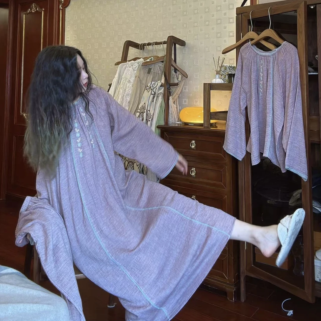 大梦睡衣纯棉2025新款长袖长裤春秋季薄款大码纱布刺绣家居服套装