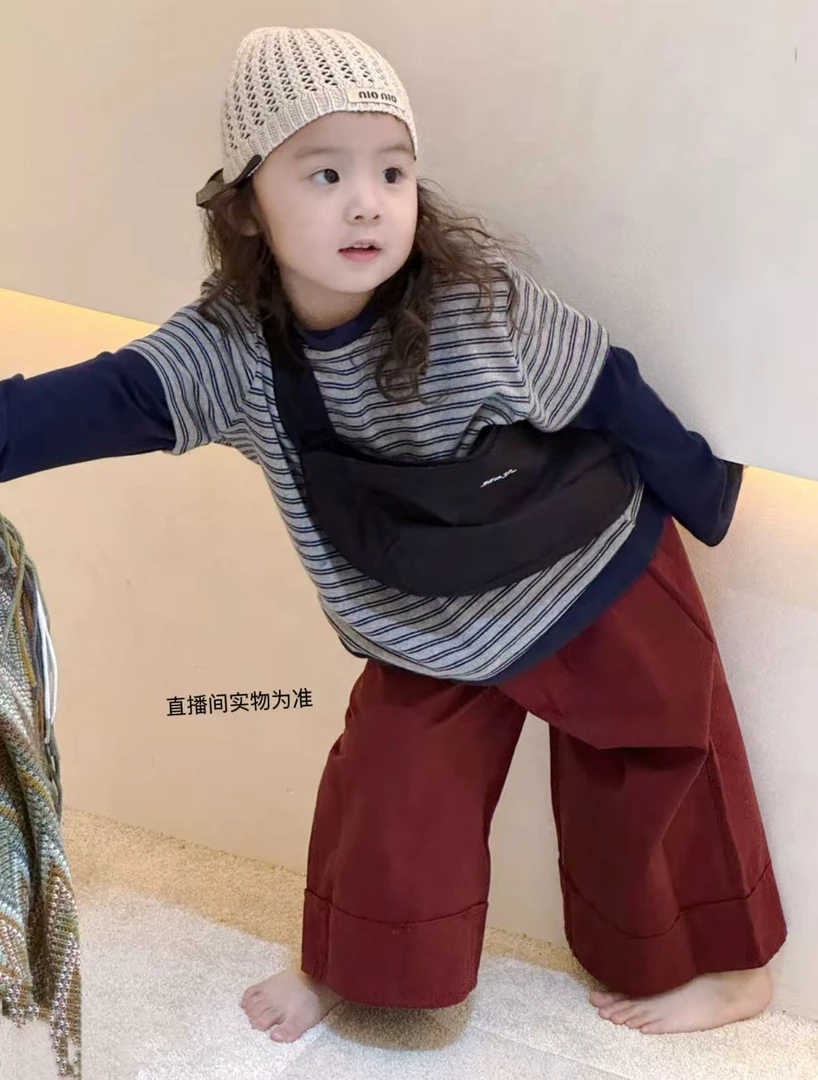 卷边酒红藏蓝直筒裤