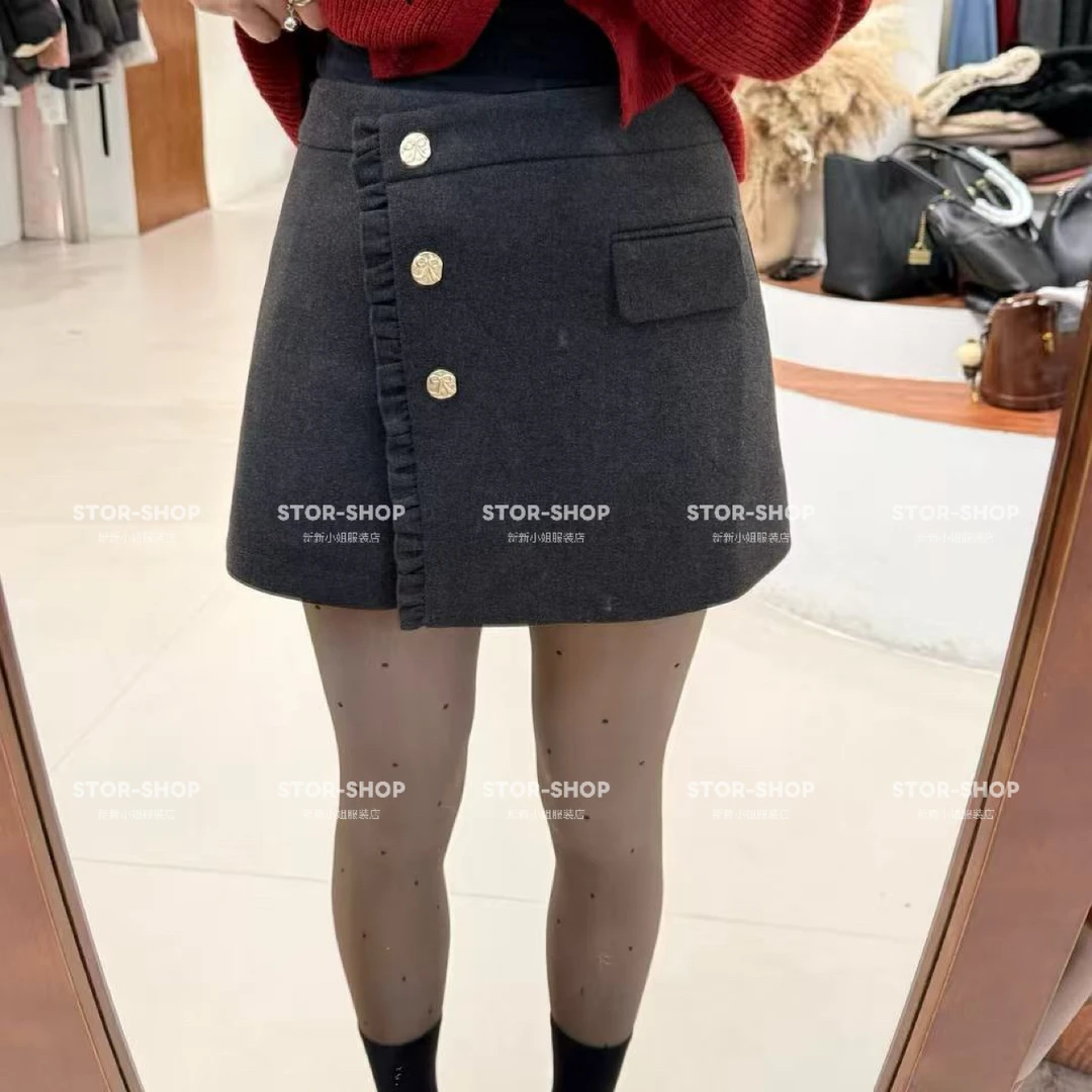 ｛木耳裤裙｝新 斜边 好版型 三粒扣  尼料 裤裙