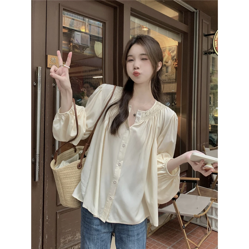 韩系简约泡泡袖杏色文艺休闲衬衫女小清新宽松圆领上衣洋气衣服女