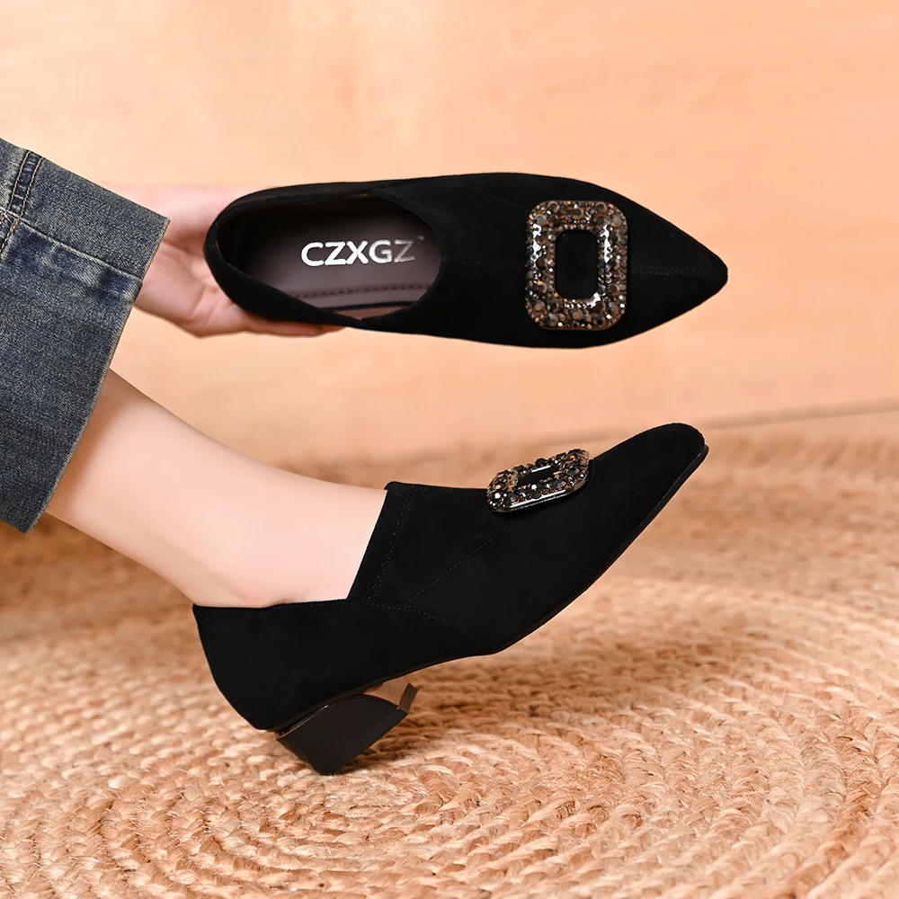 2025春秋新款时尚水钻方扣尖头低跟一脚蹬深口气质百搭通勤单鞋女
