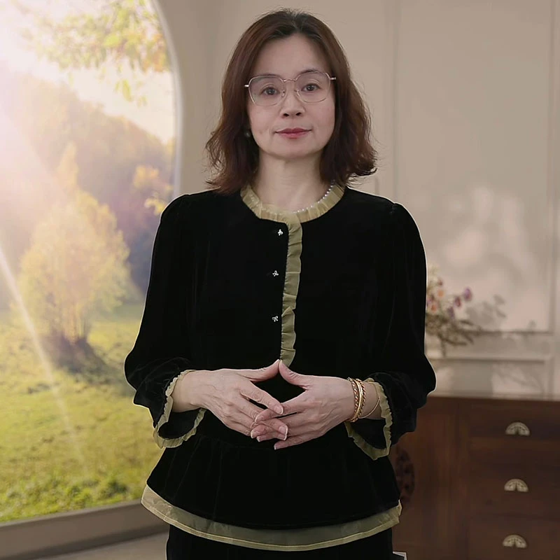 【F·J】新中式桑蚕丝底丝绒衬衫春秋季设计感拼色上衣TJMCGSY1996