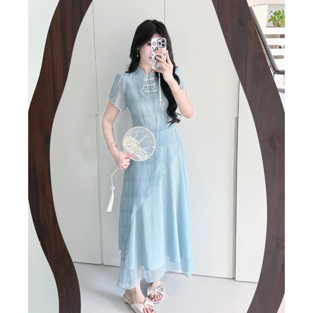 李潇洒【烟雨行舟】微胖大码新中式扎染旗袍夏不规则假两件清冷长裙