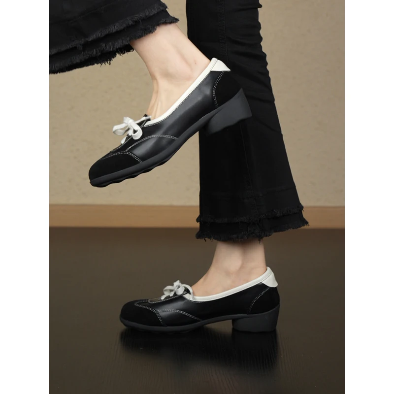 nnmiss/4cm小众拼接拼色圆头系带粗跟休闲日常一脚蹬舒适中口单鞋