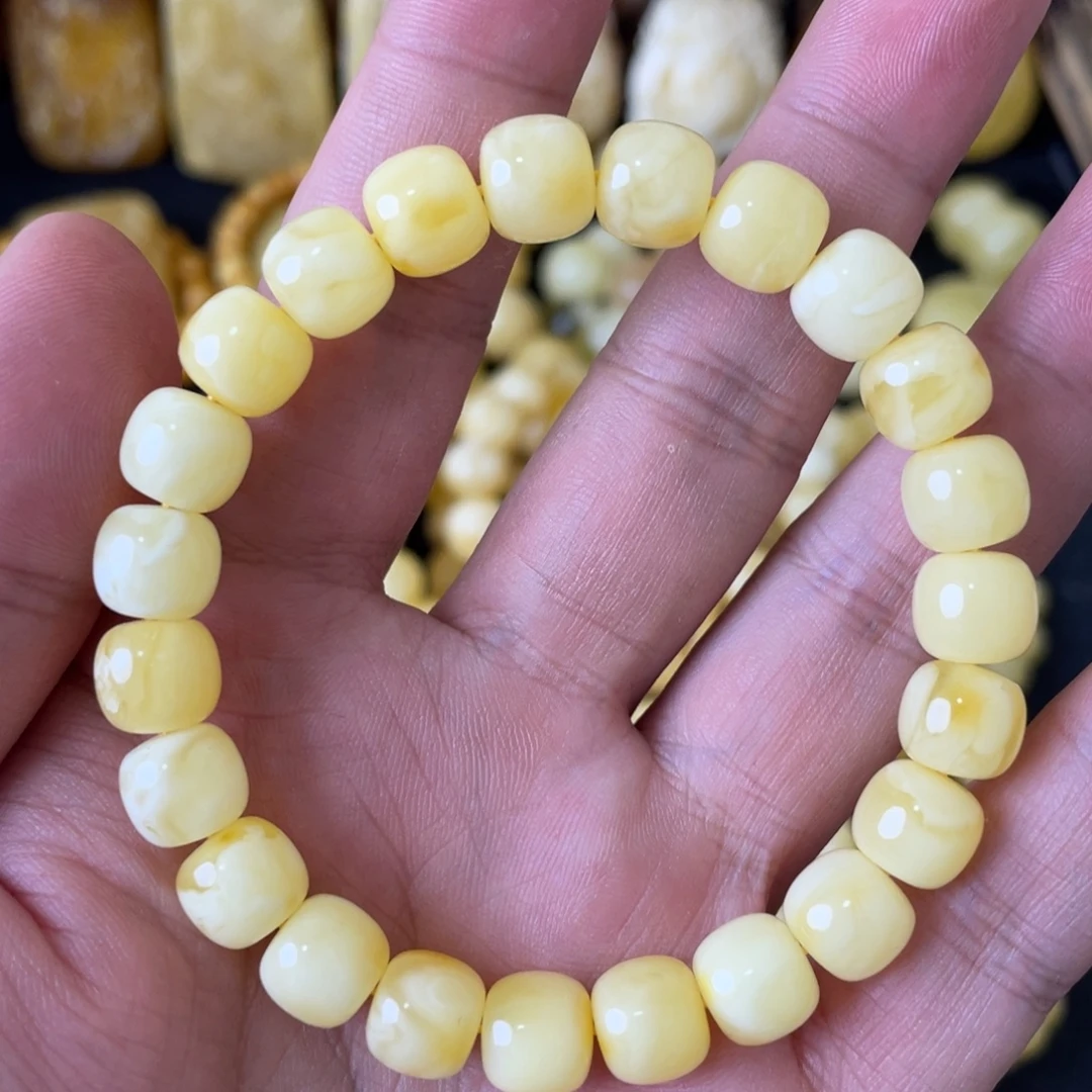 琥珀未镶嵌手串9+俄料妖白花蜡精工老型手串（微瑕）