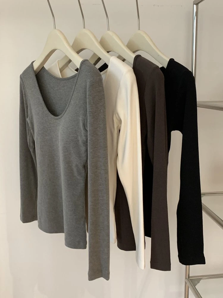 百搭暖氧珍珠绒U领一体打底衫长袖韩版赫本风带胸罩保暖内搭