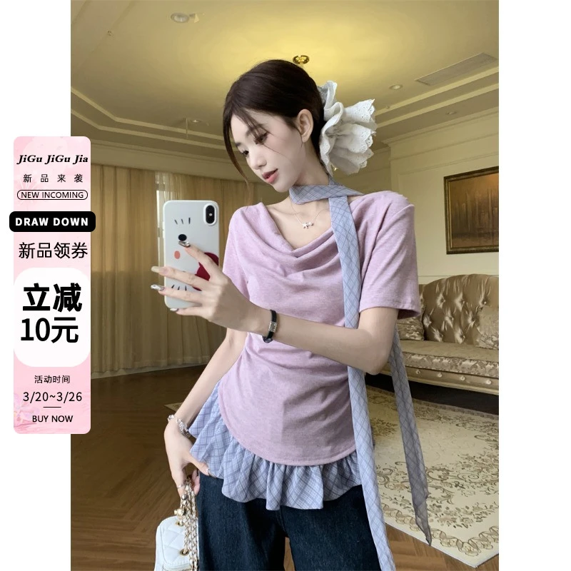 【清】大码设计感微胖v领正肩女夏季不规则纯欲胖mm显瘦上衣-6704