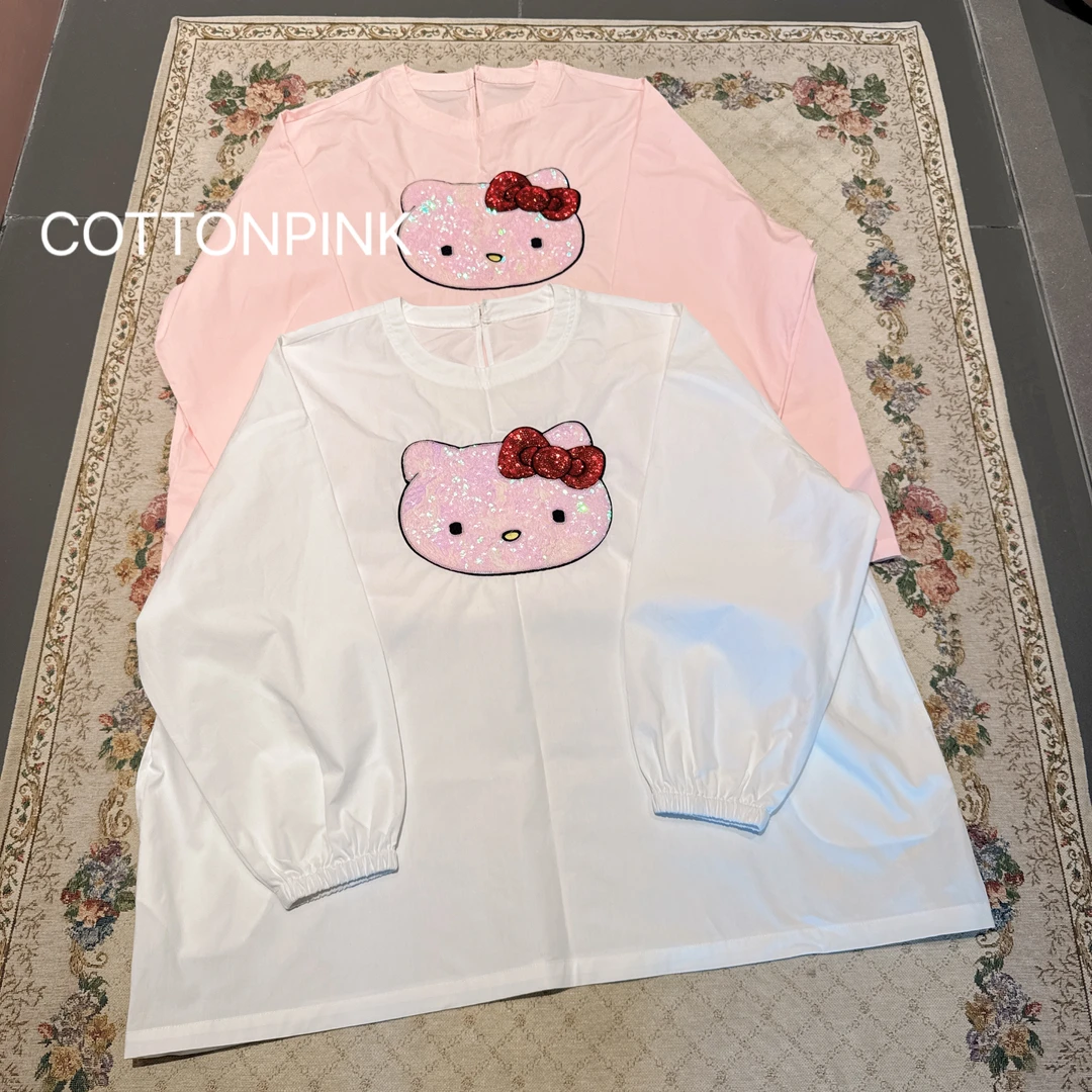 COTTONPINK休闲女装卡通童趣小猫头重工刺绣长袖上衣