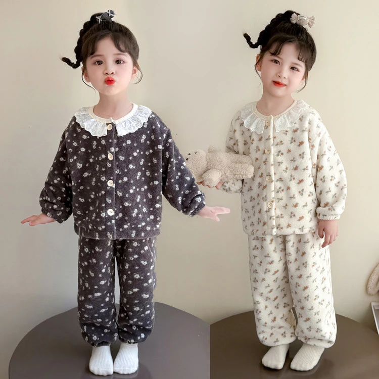 女童秋冬款珊瑚绒睡衣儿童加厚保暖花边公主开衫家居服套装