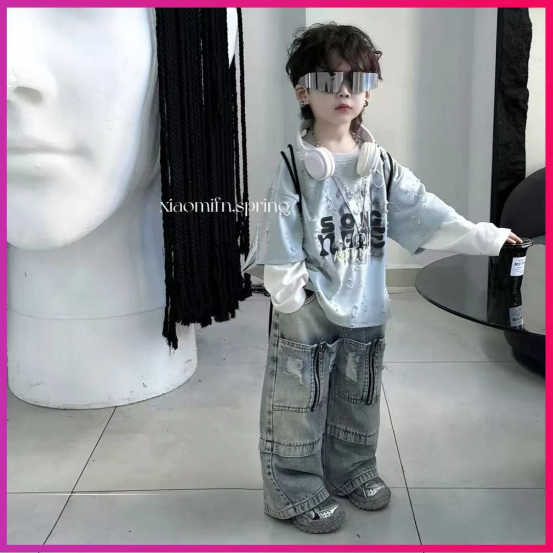 男童春季2025新款假两件韩版宽松舒适洋气儿童卫衣破边痞帅套装潮