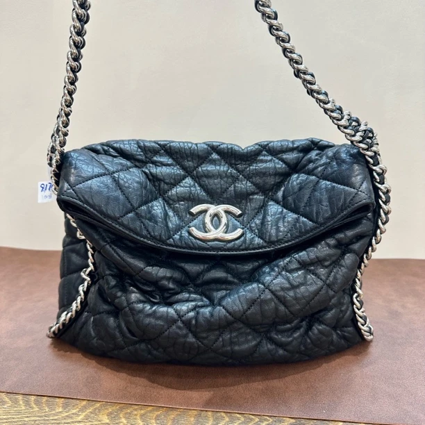 95新 Chanel/香奈儿 黑银滚边链条hobo
