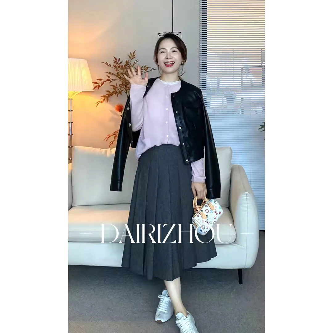 DAIRI   ZHOU▪️扭转的趋势   35羊毛65粘胶高腰压褶灰色半裙气质